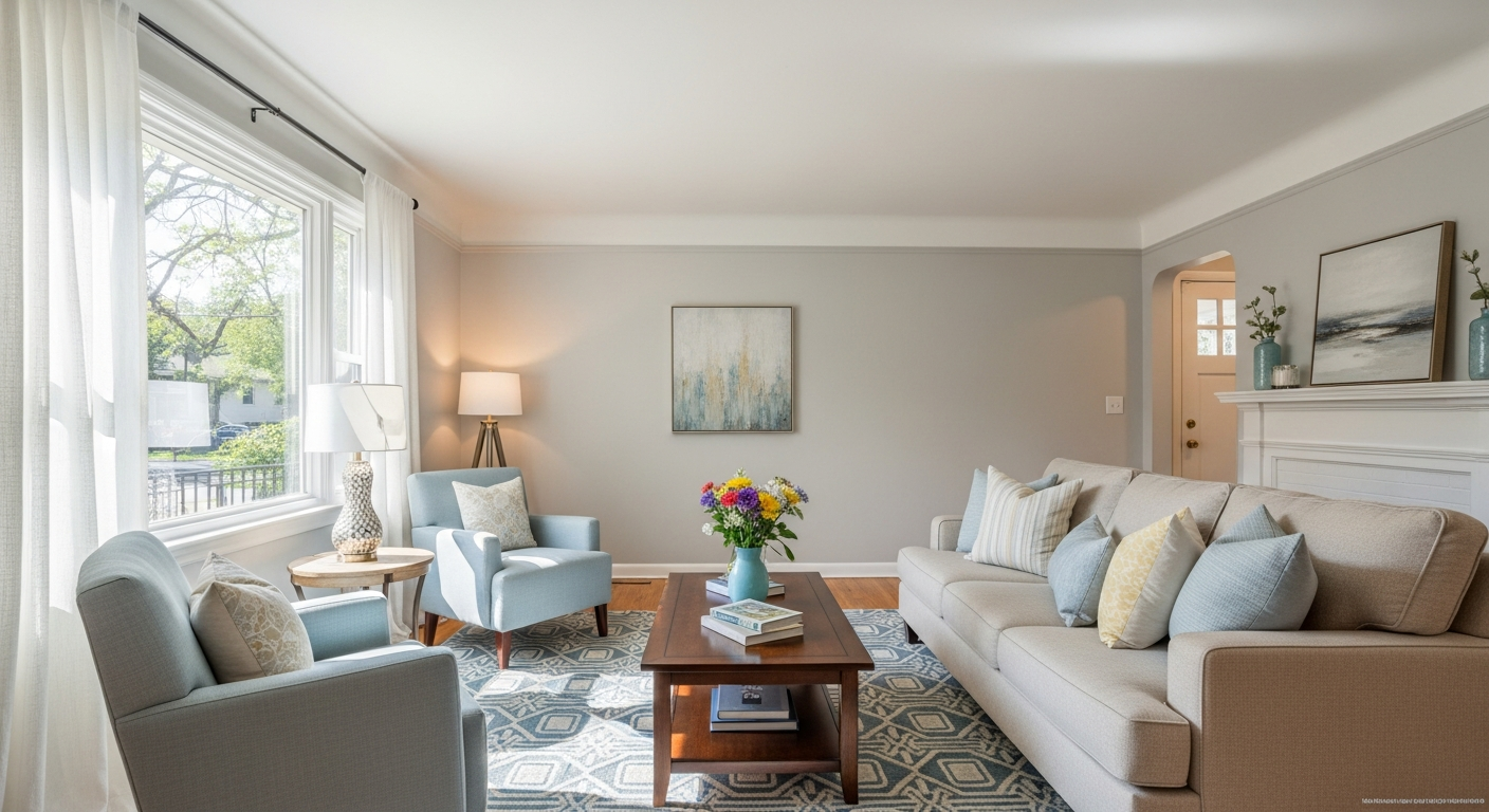 Beautifully staged Denver bungalow living room prepared for sale, bright and inviting